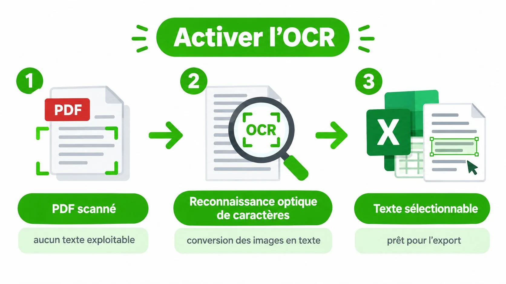 Schéma en trois étapes illustrant le processus de conversion d'un document PDF scanné vers un format texte modifiable.