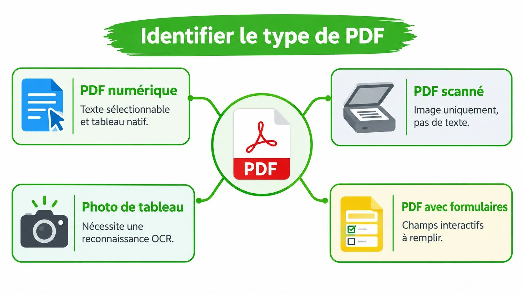 Schéma explicatif montrant les quatre différents types de documents PDF : numérique, scanné, photo et avec formulaires.
