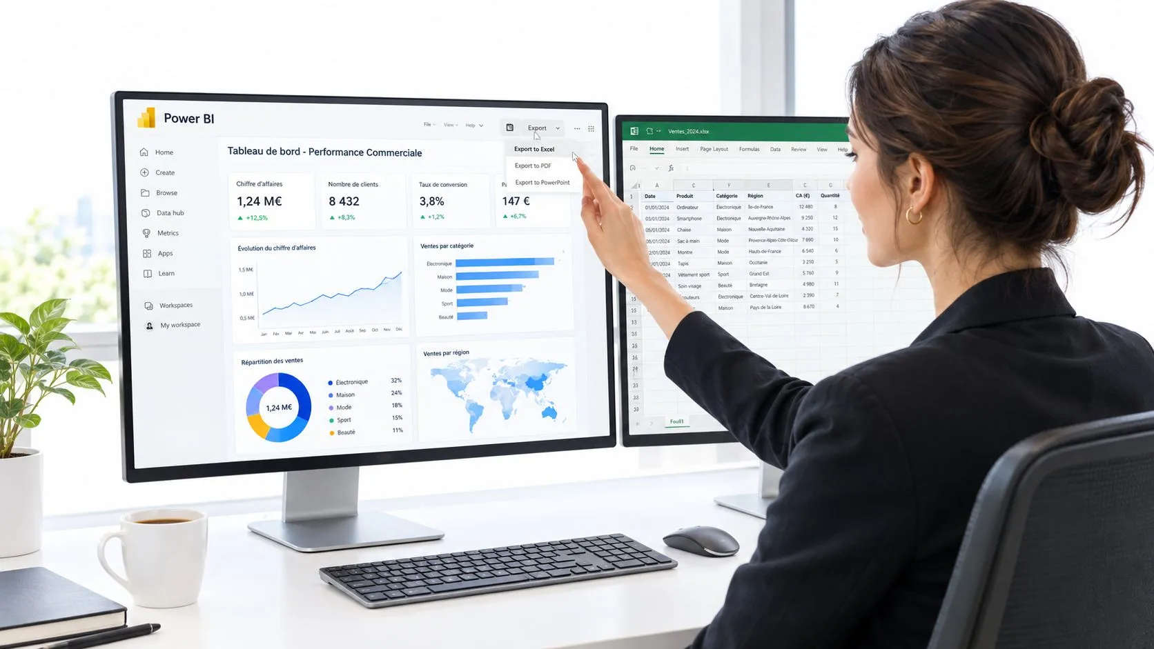 Une femme d'affaires dans un bureau moderne exporte des données d'un tableau de bord Power BI vers Excel.