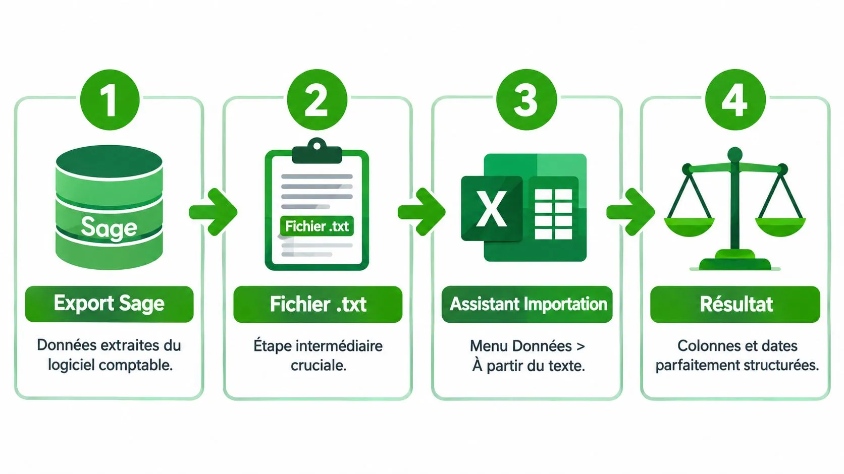 Processus schématique en quatre étapes pour exporter et structurer les données du logiciel Sage vers Excel.