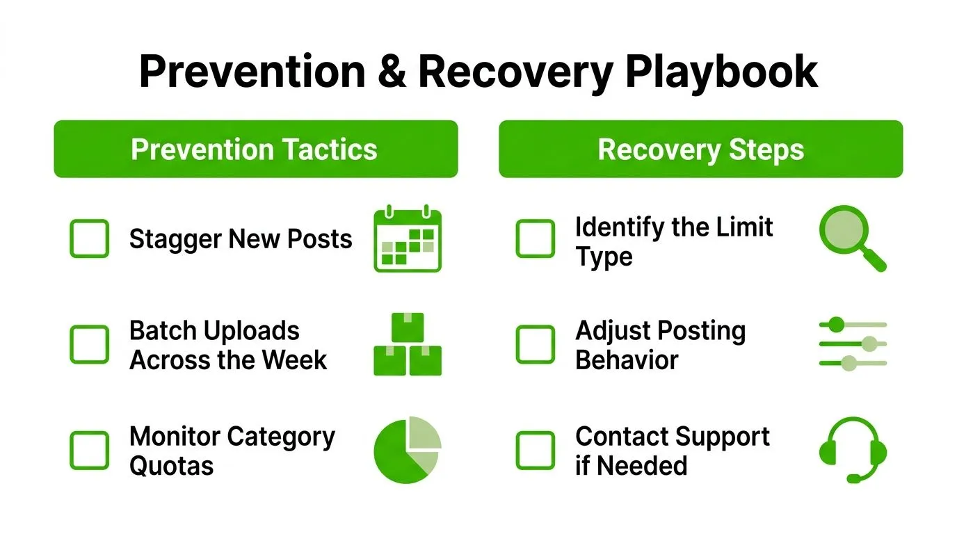 A visual guide titled Prevention & Recovery Playbook outlining strategies to manage Facebook Marketplace listing limits.