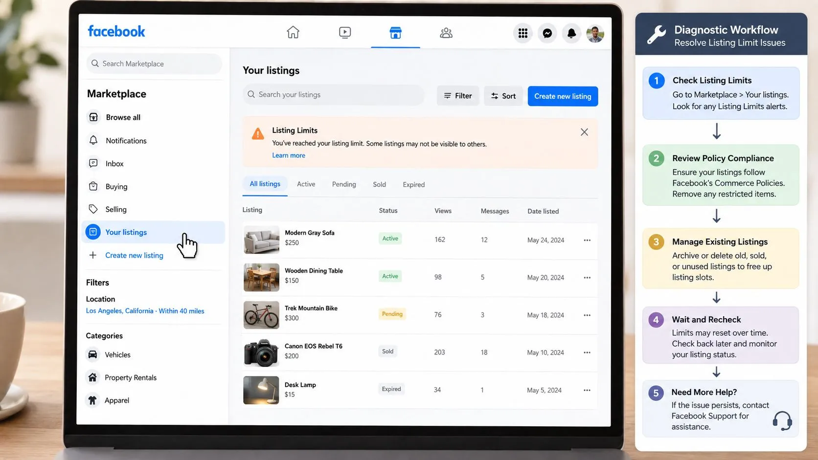 Facebook Marketplace listings dashboard on a laptop: a Listing Limits warning sits above five items marked Active, Pending, Sold and Expired, next to a five-step panel for diagnosing a capped account