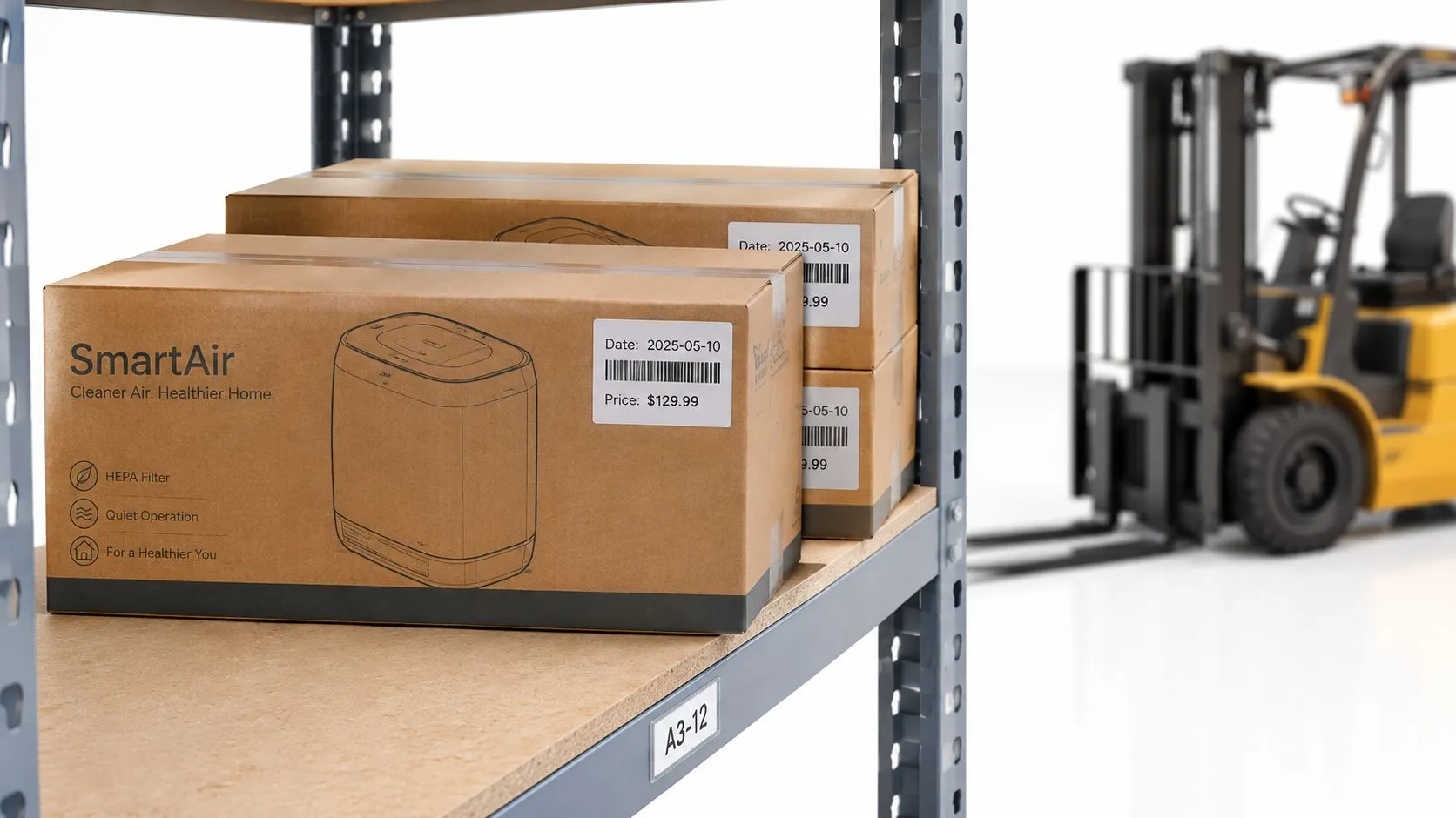 Des boîtes d'appareils de purification d'air SmartAir stockées sur une étagère d'entrepôt industrielle avec un chariot élévateur.