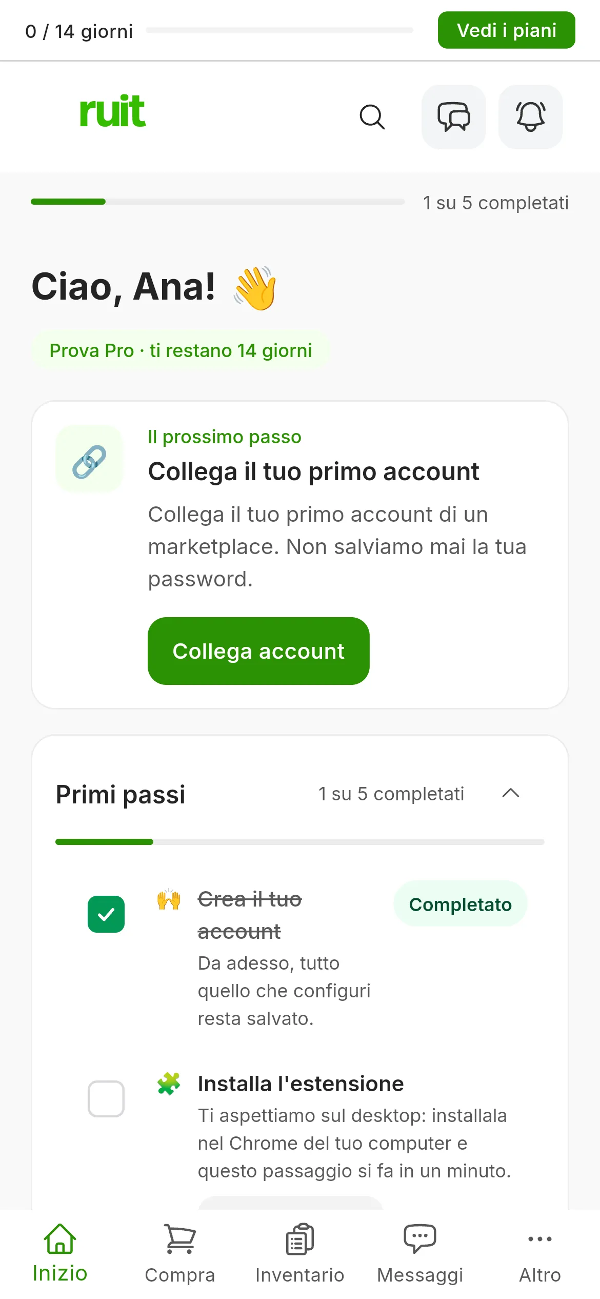 La schermata Inizio di un account nuovo: il saluto con il nome, la scheda Il prossimo passo con l'attività di installare l'estensione e il suo pulsante, e sotto l'elenco Primi passi con sei attività, la prima già spuntata.