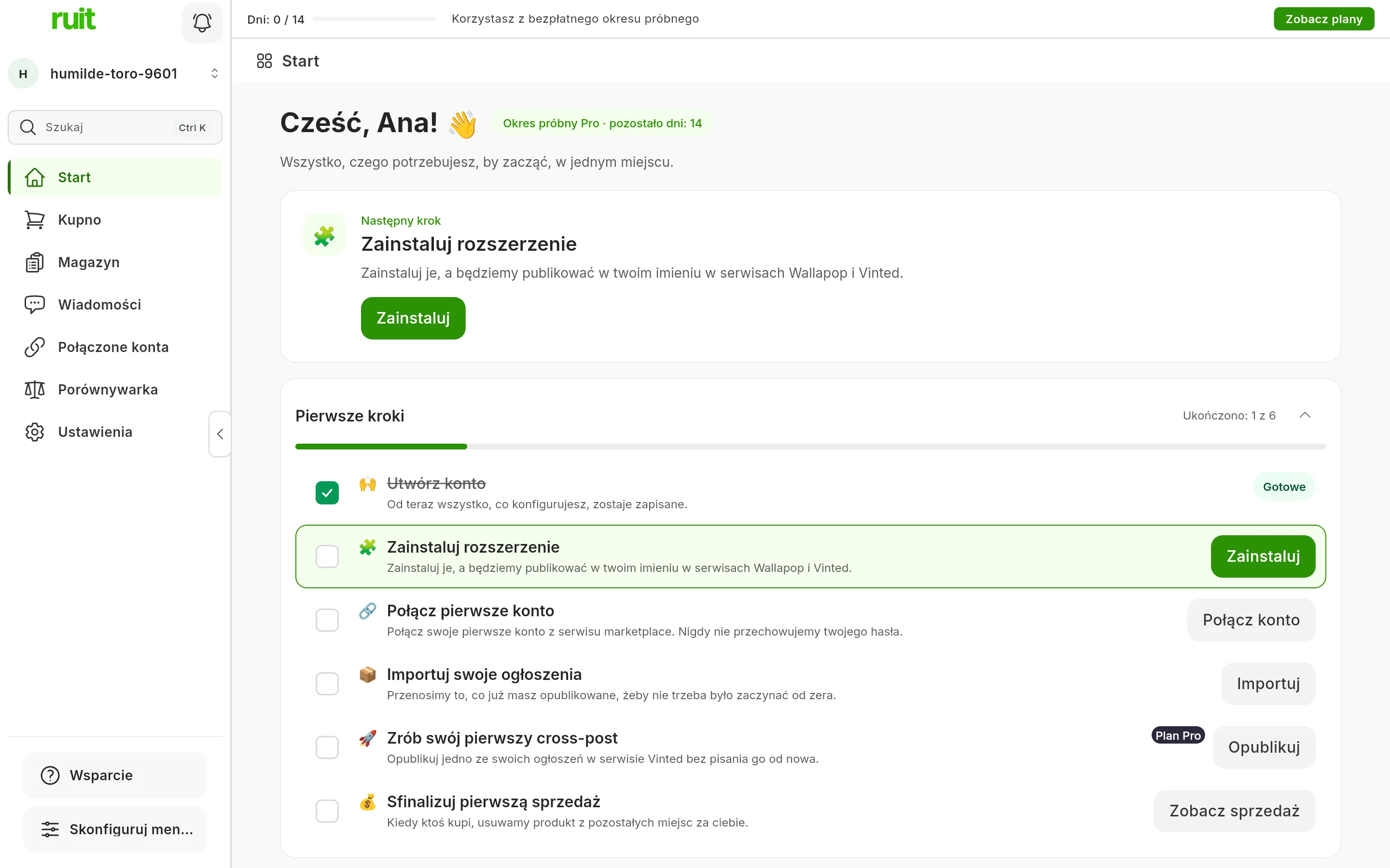 Ekran Start nowego konta: napis powitalny z imieniem, karta Następne z zadaniem instalacji rozszerzenia i jej przyciskiem, a poniżej lista Pierwsze kroki z sześcioma zadaniami, z których pierwsze jest już odhaczone.