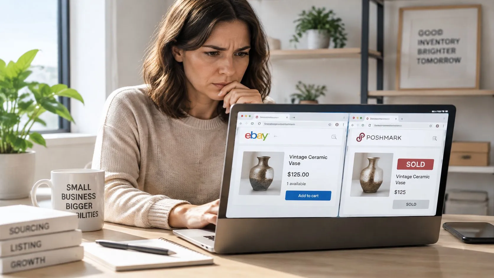 A businesswoman looking concerned while comparing a vintage vase listing on eBay and Poshmark on her laptop.