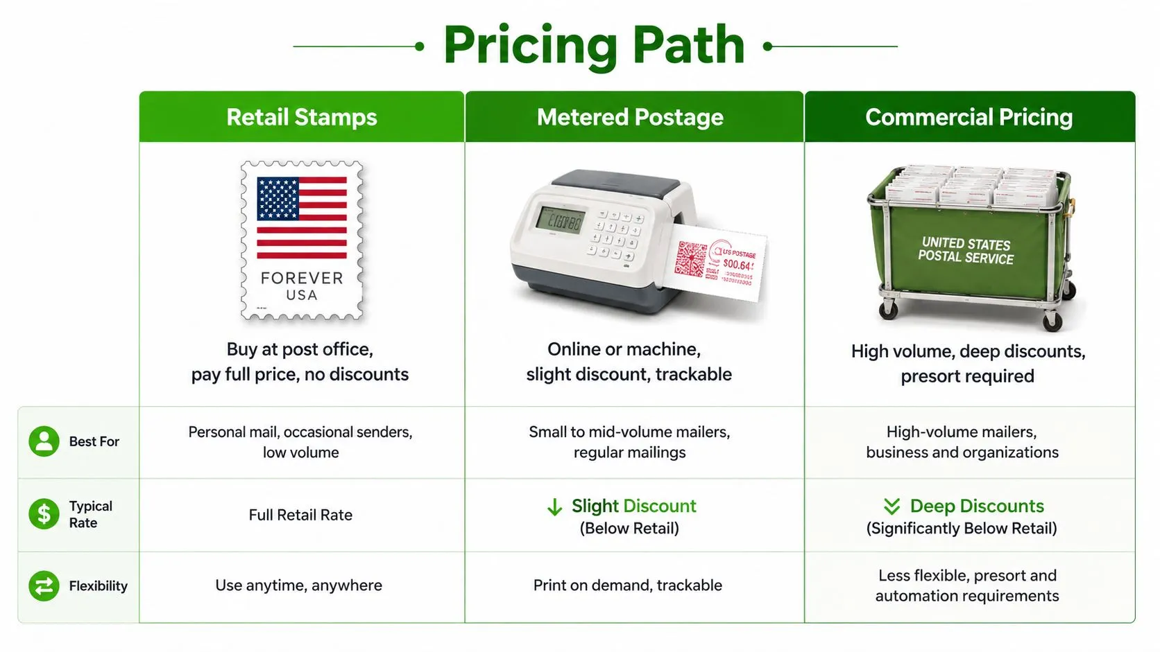 A comparison chart showing pricing options for postage including retail stamps, metered postage, and commercial mailing rates.