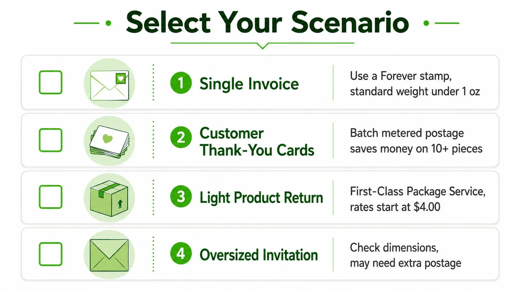 A list titled Select Your Scenario featuring four shipping options with icons and postage descriptions.