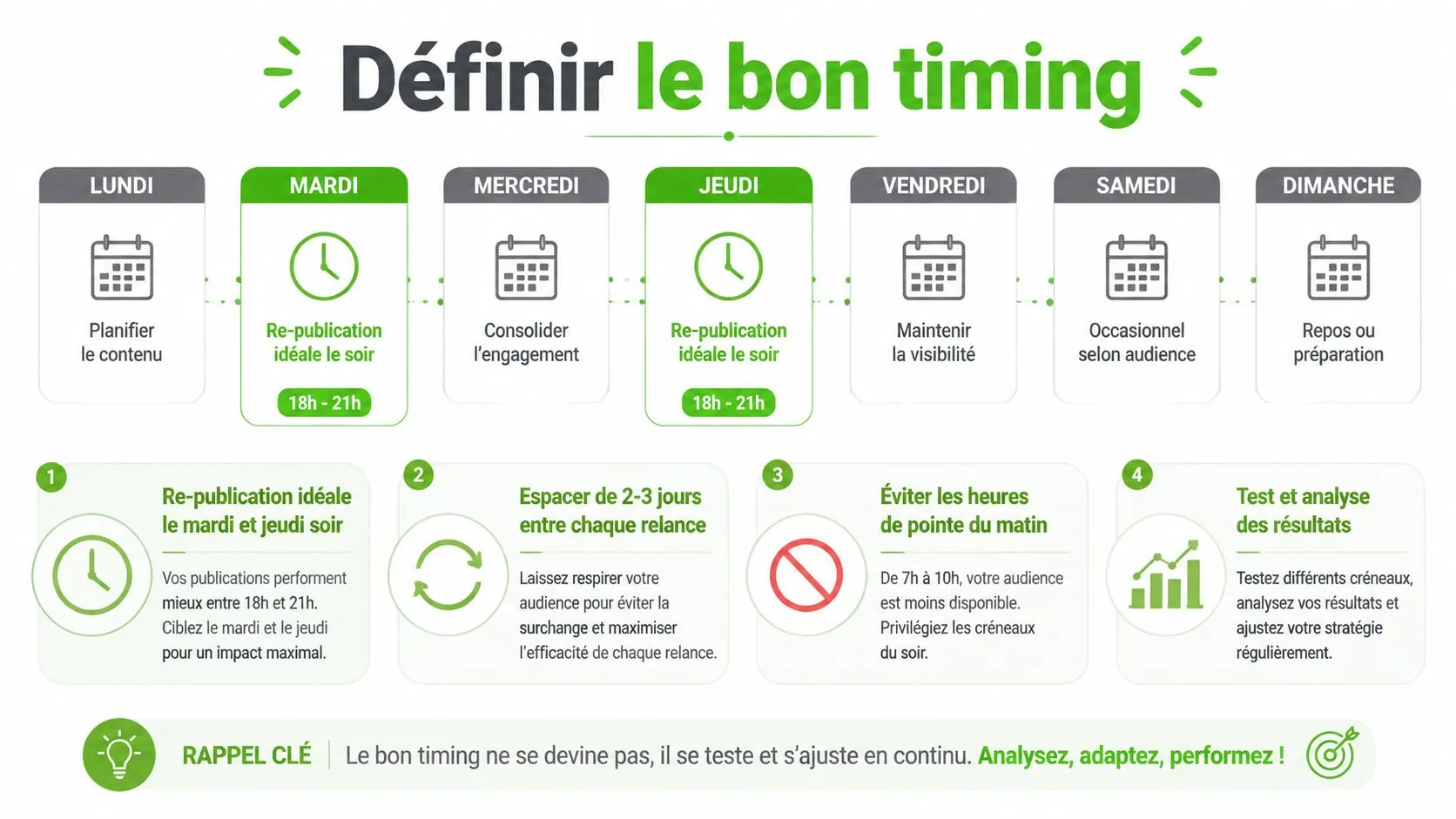 Infographie illustrant les meilleurs moments pour republier des annonces Vinted afin de maximiser leur visibilité et engagement.