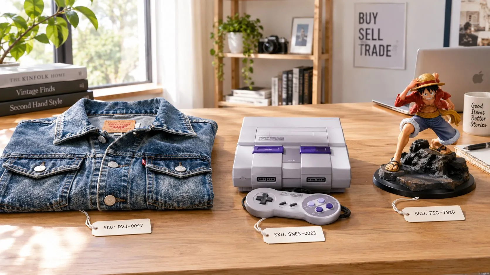 A denim jacket, a vintage Super Nintendo console, and a Luffy anime figurine displayed on a wooden desk.