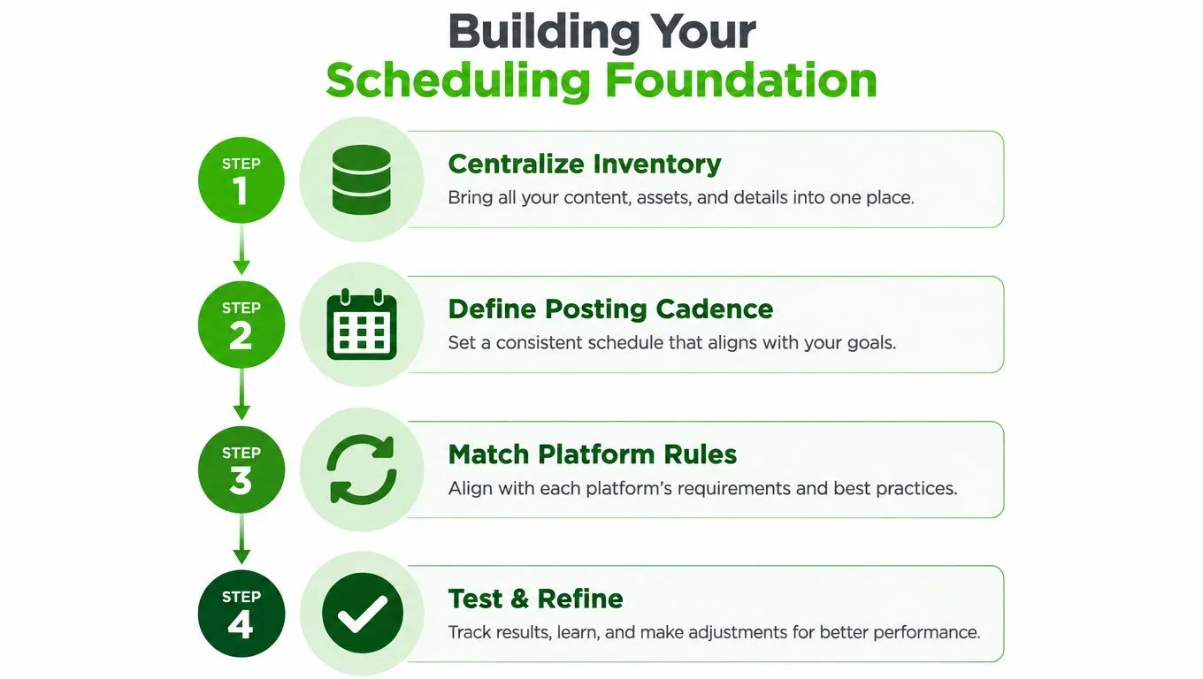 An infographic showing four steps for building a content scheduling foundation, including inventory, cadence, platform rules, and testing.