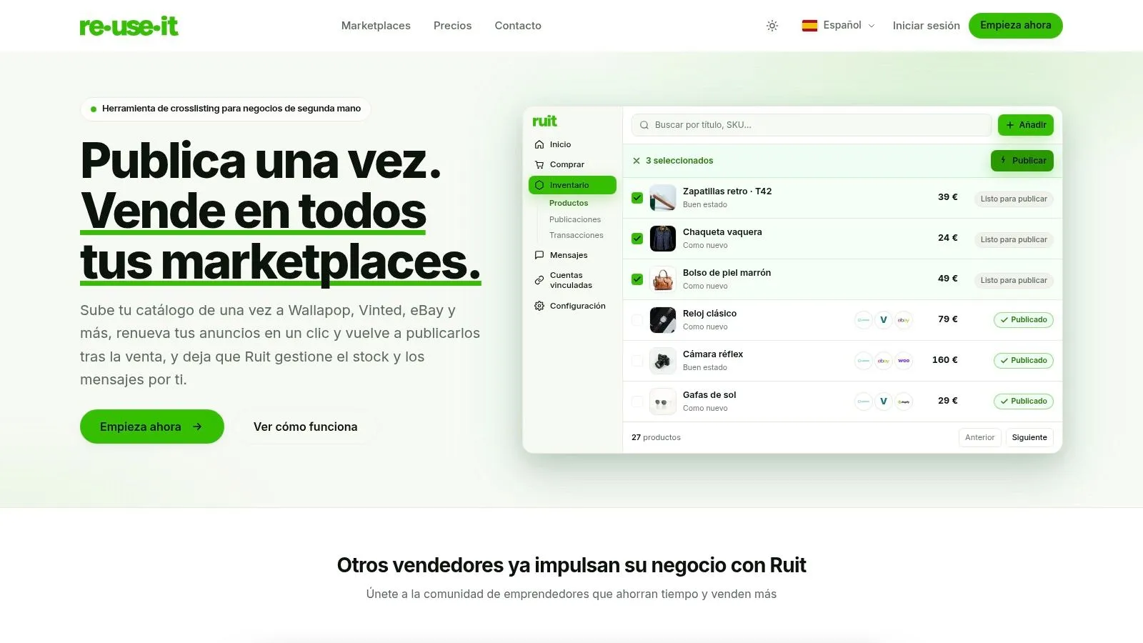 Ruit inventory screen with three products selected for publishing across marketplaces