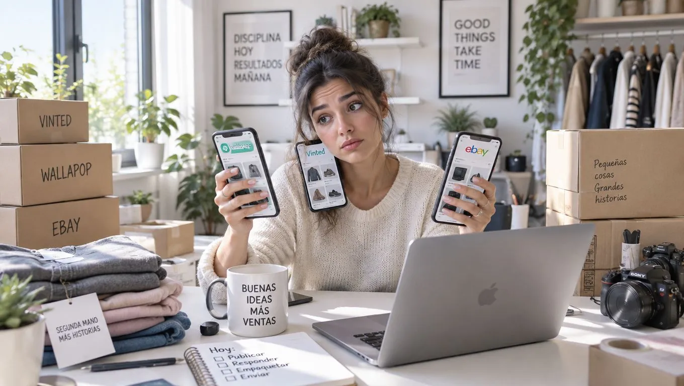 A woman surrounded by shipping boxes multitasking with multiple smartphones while running an online resale business.
