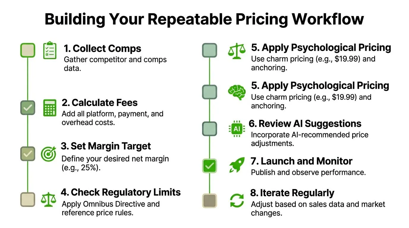 A step-by-step flowchart infographic outlining the eight stages for building a professional and repeatable pricing workflow.