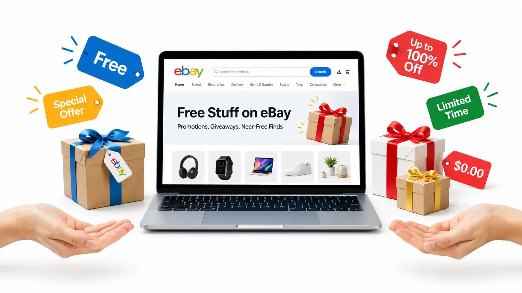 A laptop displaying the eBay website surrounded by gift boxes and shopping tags advertising free items.