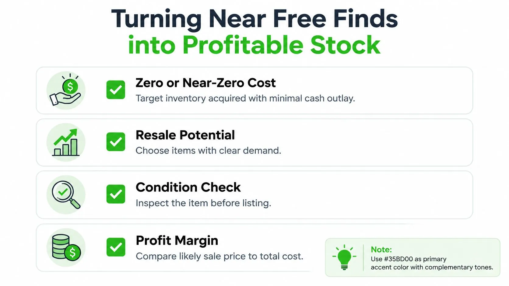 A checklist infographic titled Turning Near Free Finds into Profitable Stock, showing four key steps for reselling.