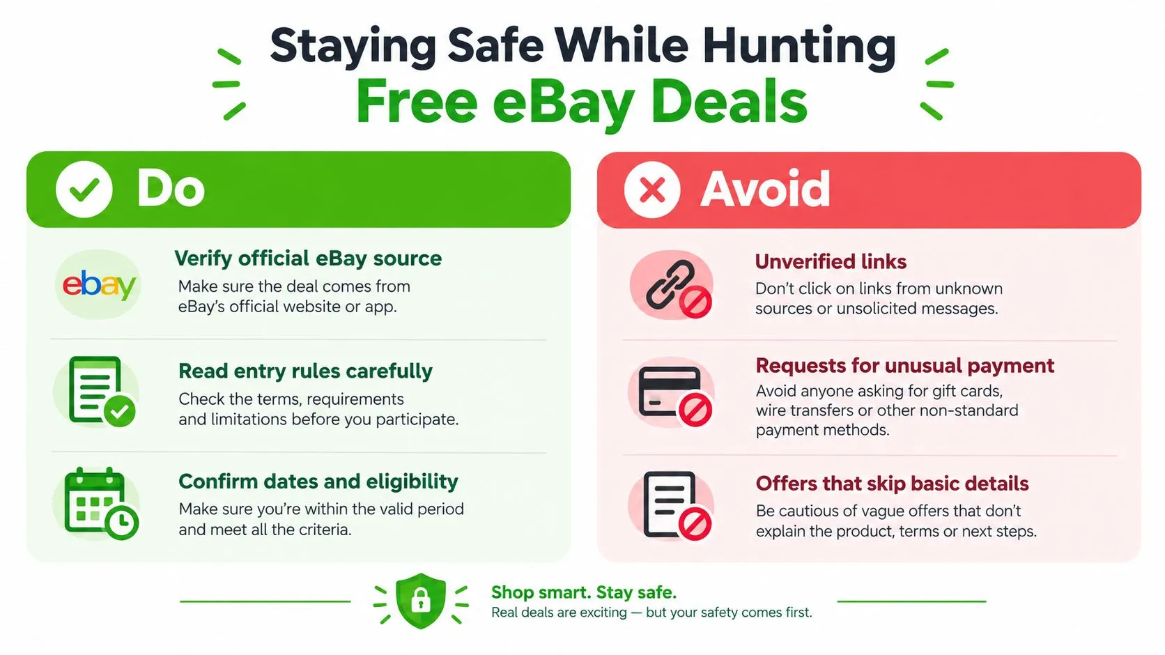 An infographic titled Staying Safe While Hunting Free eBay Deals with Do and Avoid safety tips.