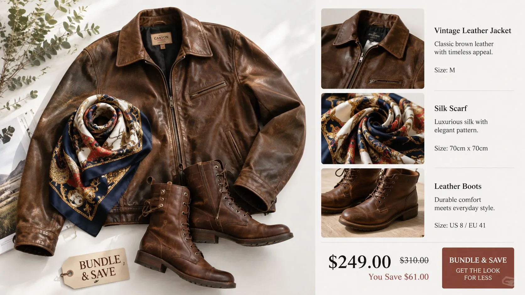 A flatlay arrangement featuring a vintage brown leather jacket, a printed silk scarf, and brown lace-up leather boots.