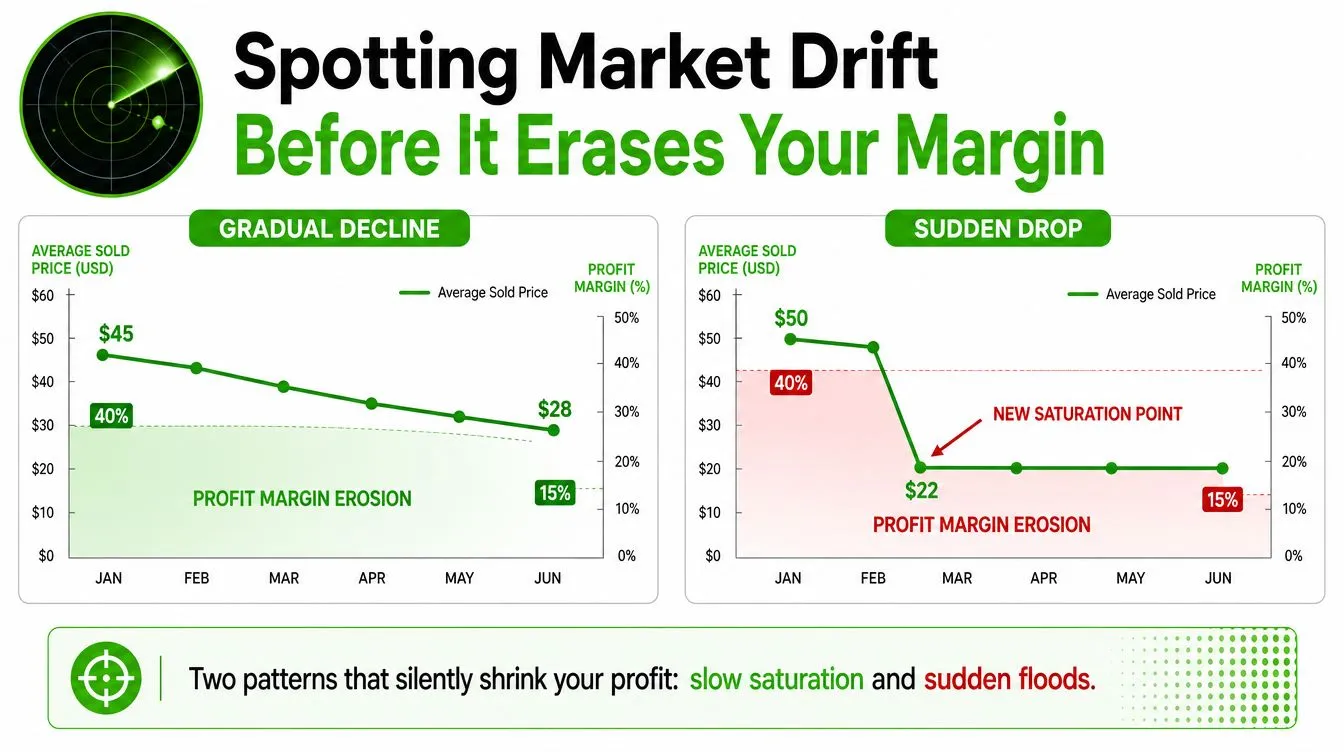 A dual-chart infographic illustrating market price drift patterns, comparing gradual decline versus sudden drops in profit margins.