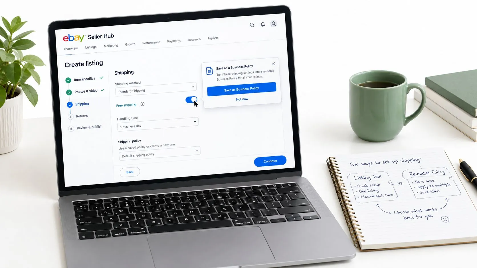 eBay Seller Hub's Create listing screen at the Shipping step, with the Free shipping toggle switched on and a prompt to save the settings as a reusable business policy.