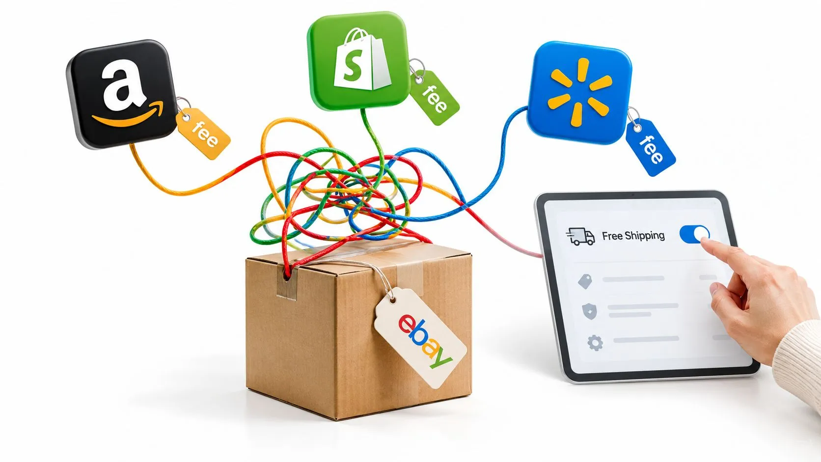 A hand adjusts a digital tablet displaying free shipping settings, linked to various e-commerce platform icons.