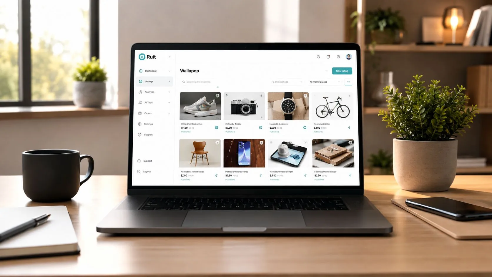 Ordenador portátil mostrando una interfaz de gestión de ventas en Wallapop sobre un escritorio de madera iluminado.