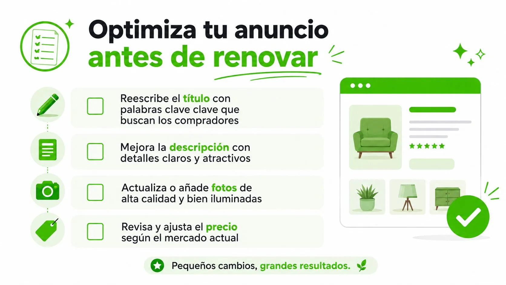 Infografía sobre cómo optimizar anuncios con consejos para títulos, descripciones, fotos y precios para vender más.