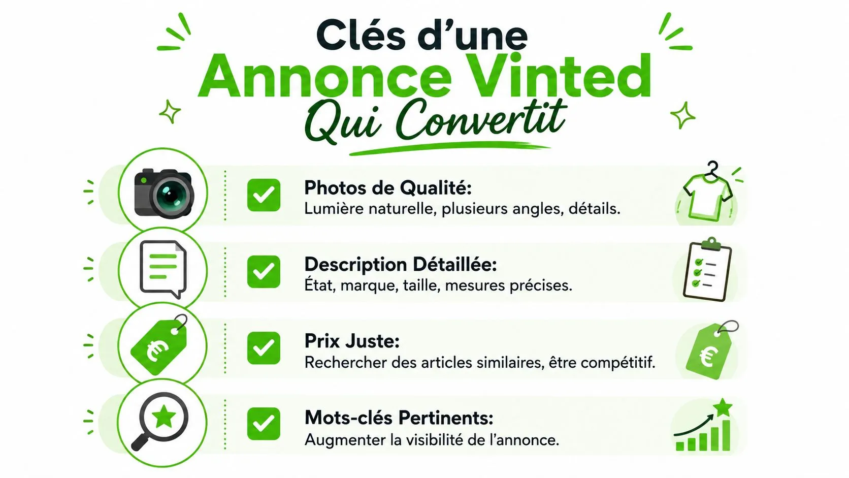 Une infographie montrant les quatre étapes clés pour créer une annonce Vinted efficace et vendre rapidement.