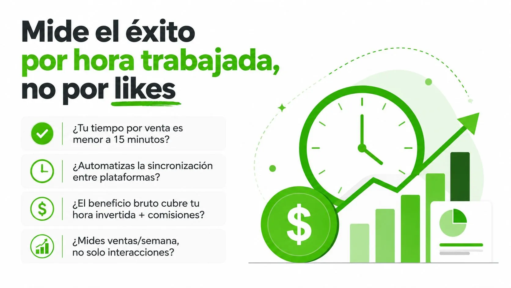 Gráfico que ilustra la importancia de medir el éxito empresarial por ventas y tiempo, no por likes.