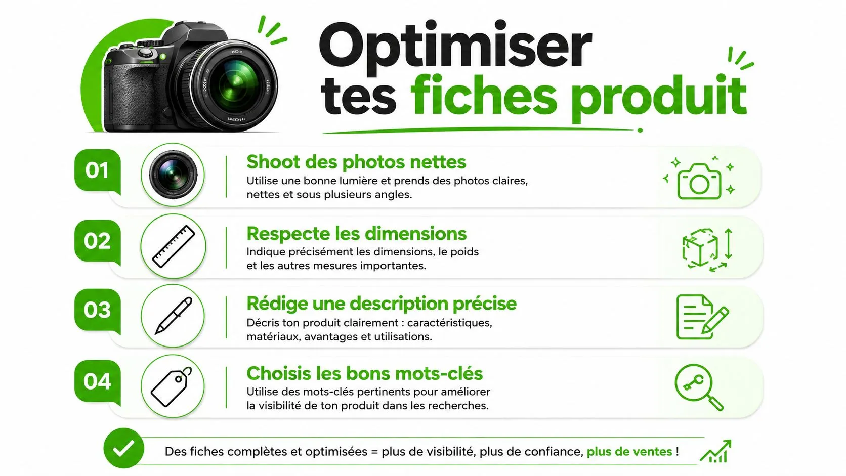 Infographie illustrant quatre étapes clés pour optimiser vos fiches produits et augmenter vos ventes en ligne.