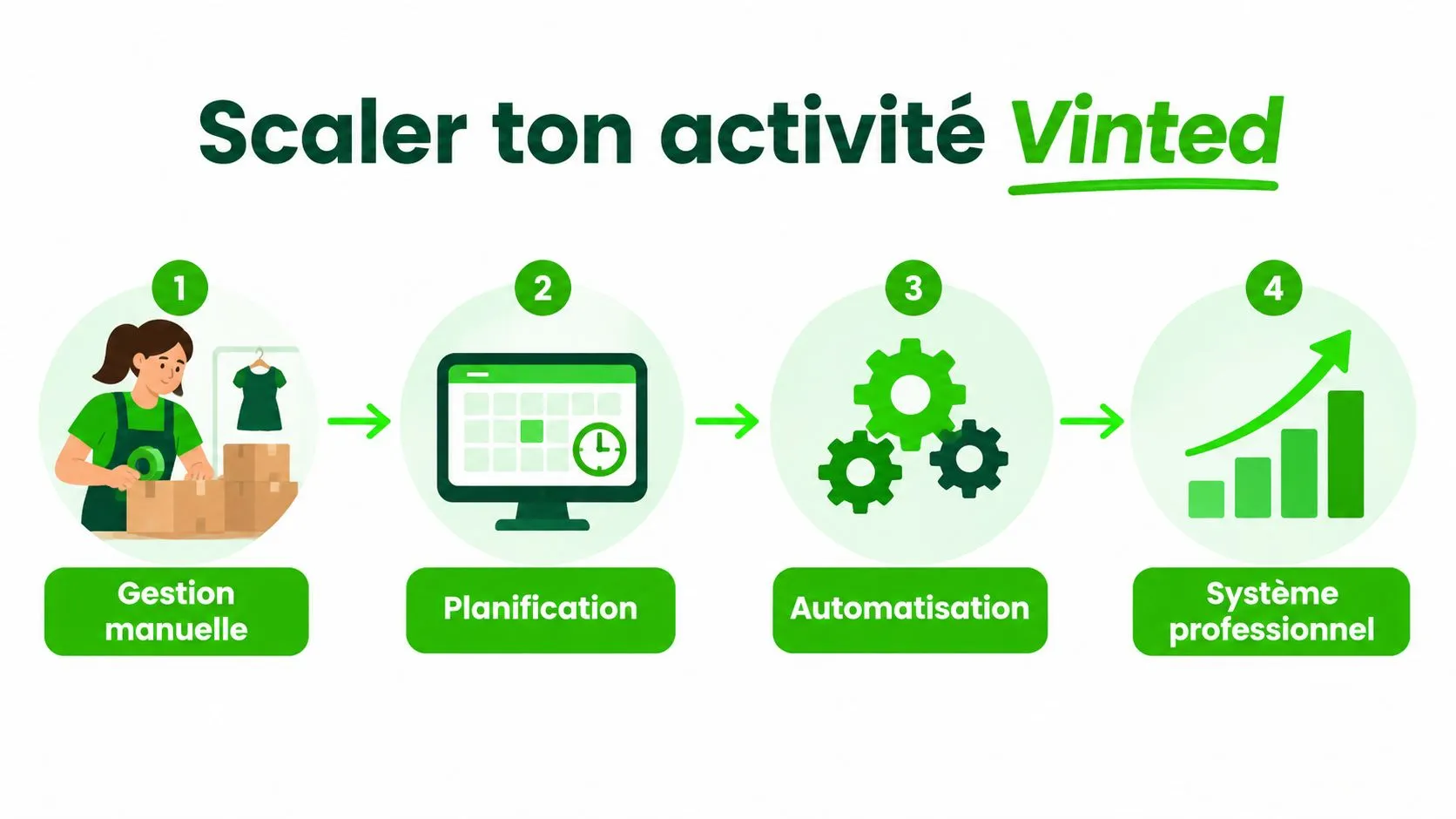 Une infographie montrant les quatre étapes pour scaler son activité Vinted, de la gestion manuelle au système professionnel.