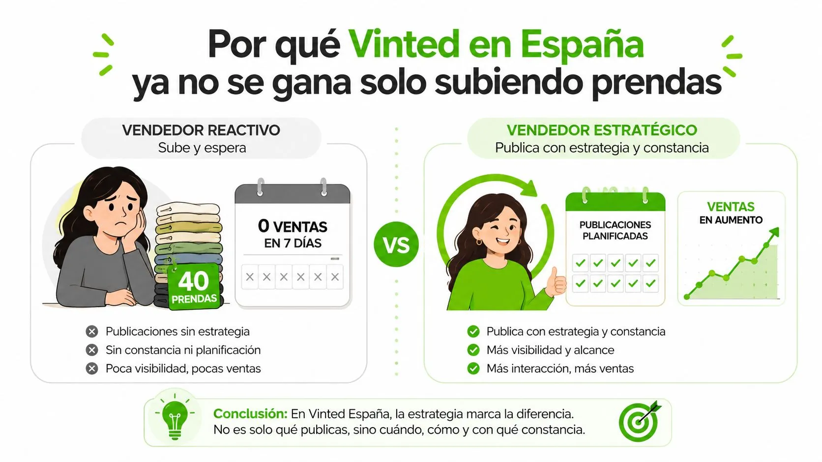 Comparativa entre un vendedor reactivo y uno estratégico para aumentar las ventas en la plataforma Vinted España.