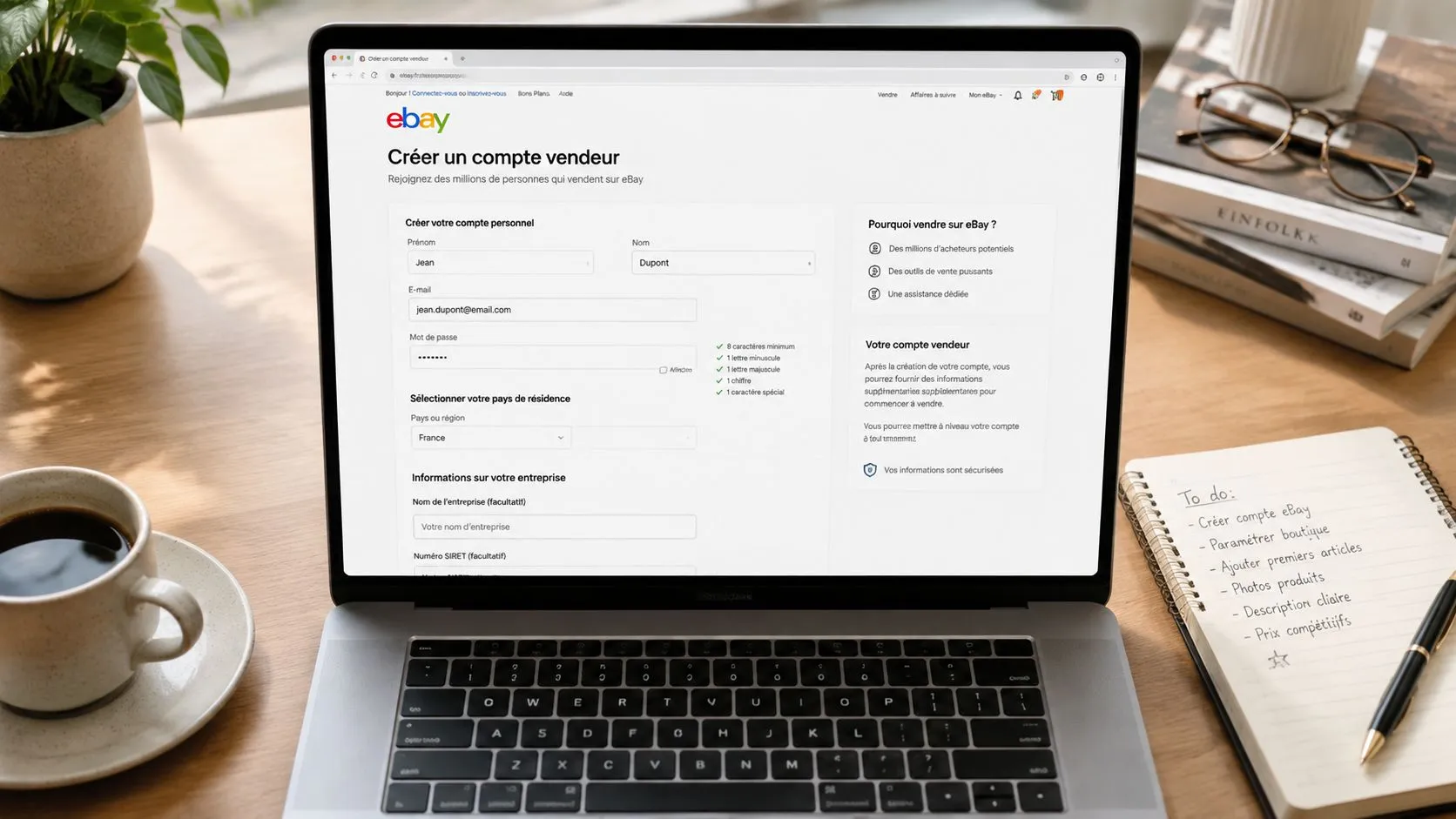 Le formulaire de création de compte vendeur eBay France ouvert sur un ordinateur portable : champs nom, e-mail, mot de passe et pays de résidence, à côté d'un carnet listant les étapes de préparation