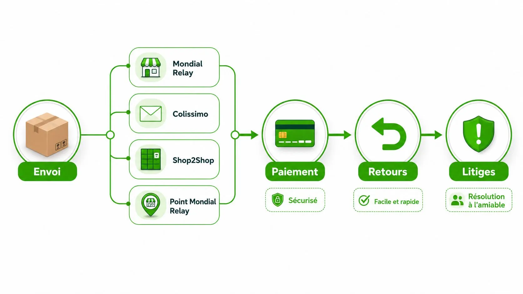 Schéma illustrant le processus de vente en ligne incluant l'envoi, le paiement sécurisé, les retours et les litiges.