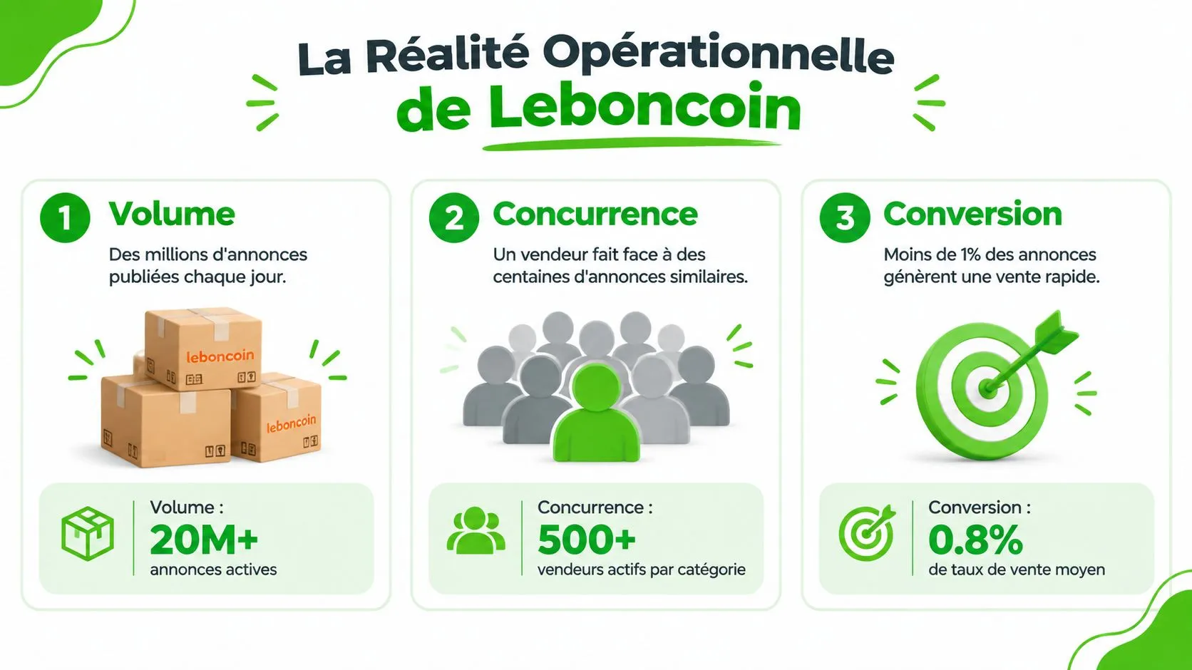 Infographie illustrant la réalité opérationnelle de Leboncoin avec les statistiques du volume, de la concurrence et de la conversion.