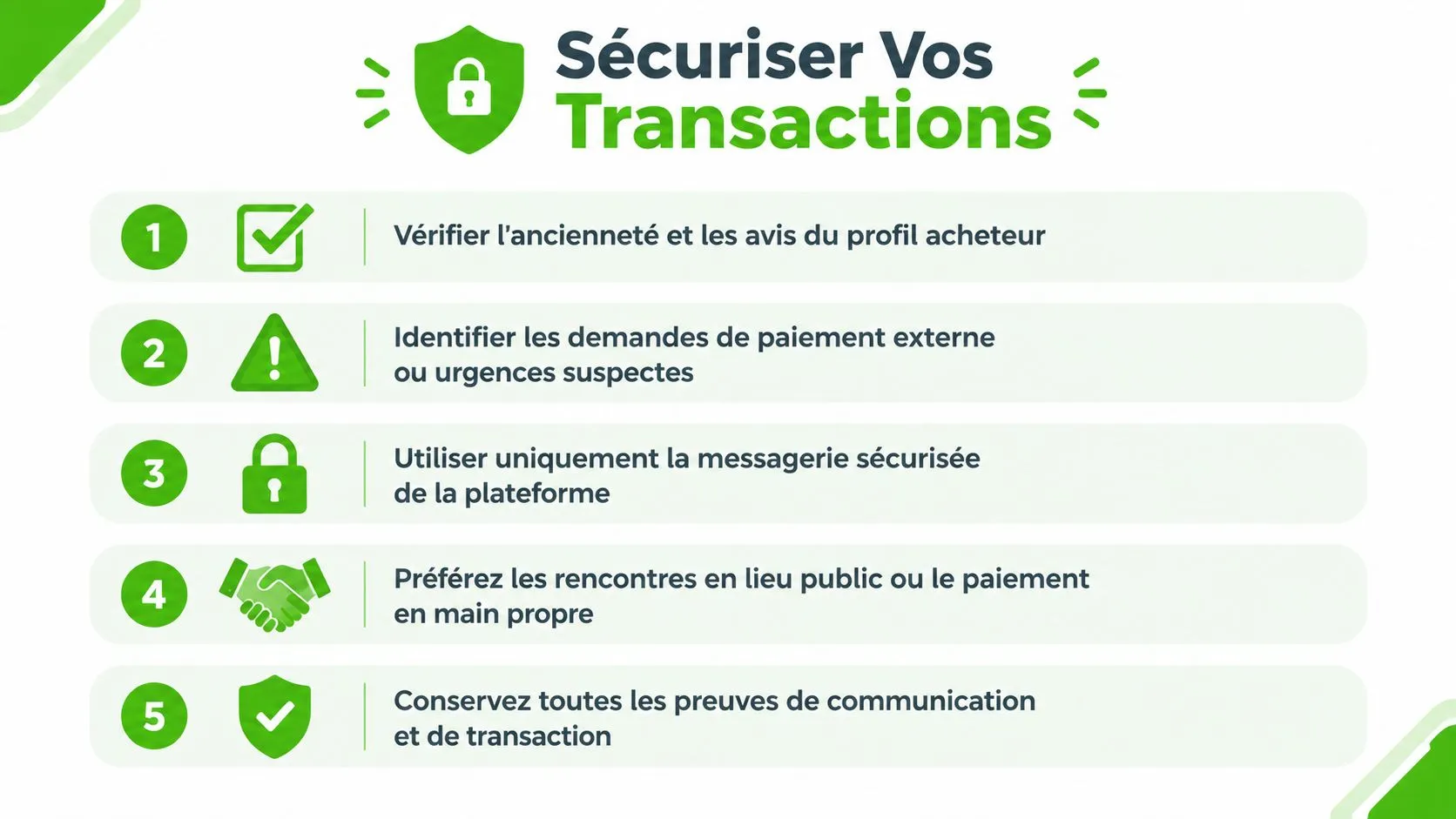 Une infographie avec cinq conseils essentiels pour sécuriser vos transactions en ligne de manière sûre et efficace.