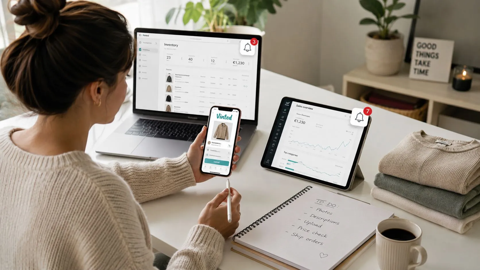 Vendedora gestionando sus ventas de Vinted en tres pantallas a la vez: el inventario y sus contadores en el portátil, la publicación de una prenda en el móvil y el resumen de ventas en la tableta, junto a una libreta con las tareas del día: fotos, descripciones, subida, revisión de precio y envíos.