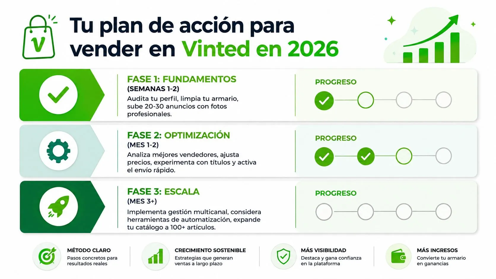 Infografía con un plan de acción estratégico para vender con éxito en la plataforma Vinted en 2026.