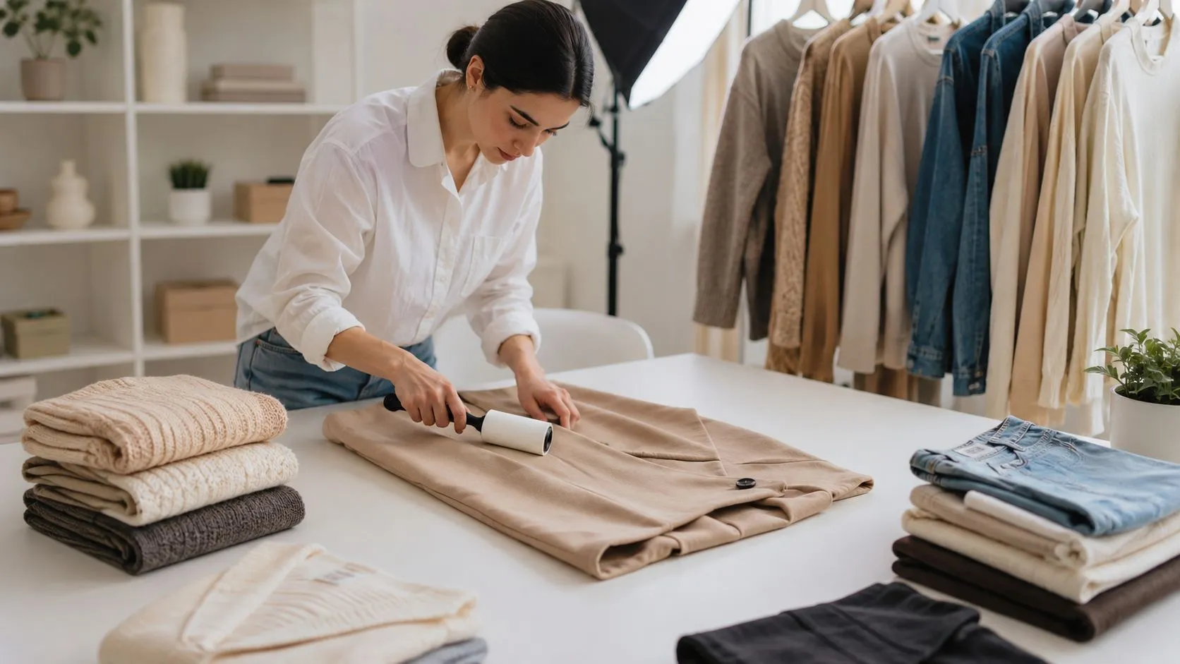 Une femme utilisant un rouleau adhésif pour nettoyer un vêtement beige posé sur une table blanche