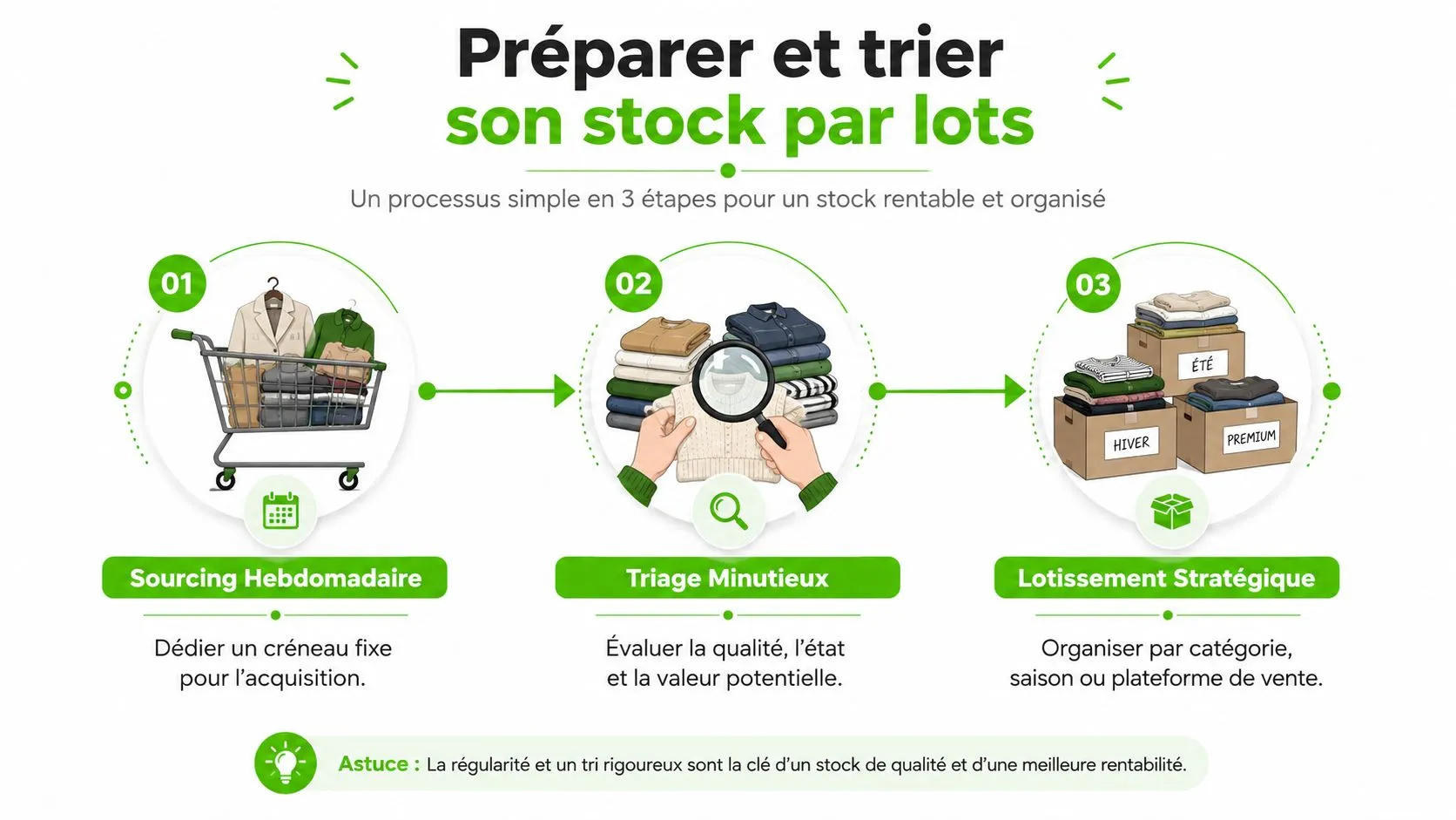 Infographie illustrant trois étapes clés pour préparer et trier efficacement un stock de vêtements d'occasion.