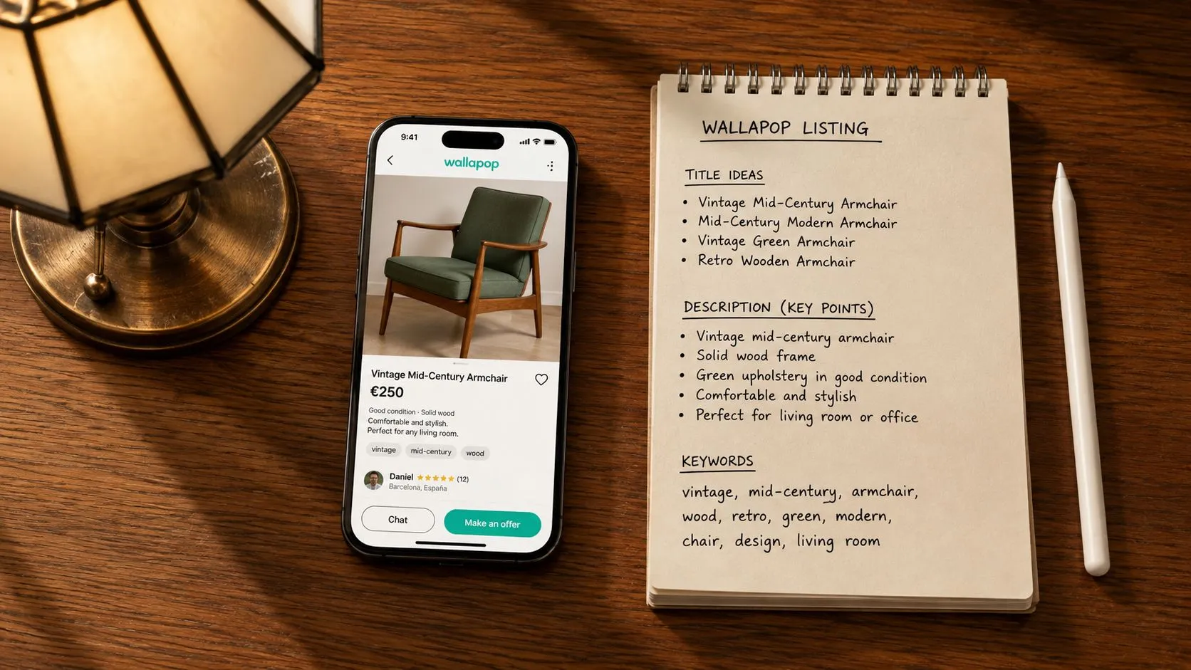 Un smartphone mostrando la aplicación Wallapop junto a un cuaderno con consejos para crear anuncios de venta.