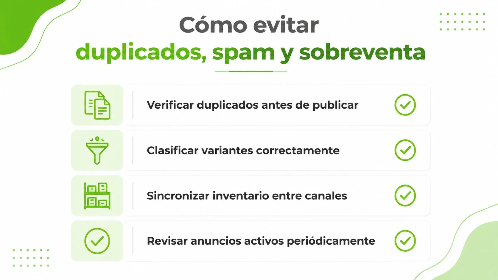 Infografía sobre cómo evitar duplicados, spam y sobreventa al publicar anuncios en múltiples canales digitales.