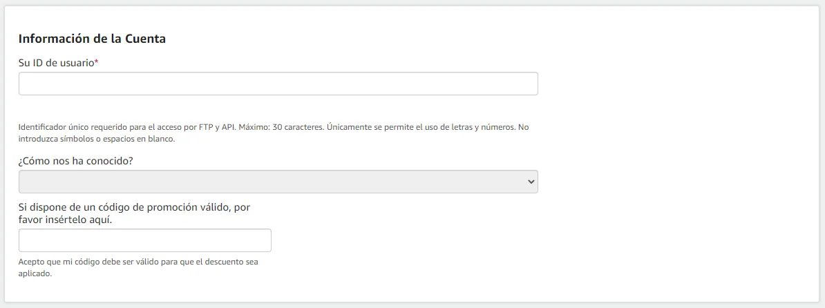 The Su ID de usuario (your user ID) field of an IberLibro bookseller account, with the note that it is the unique identifier required for FTP and API access