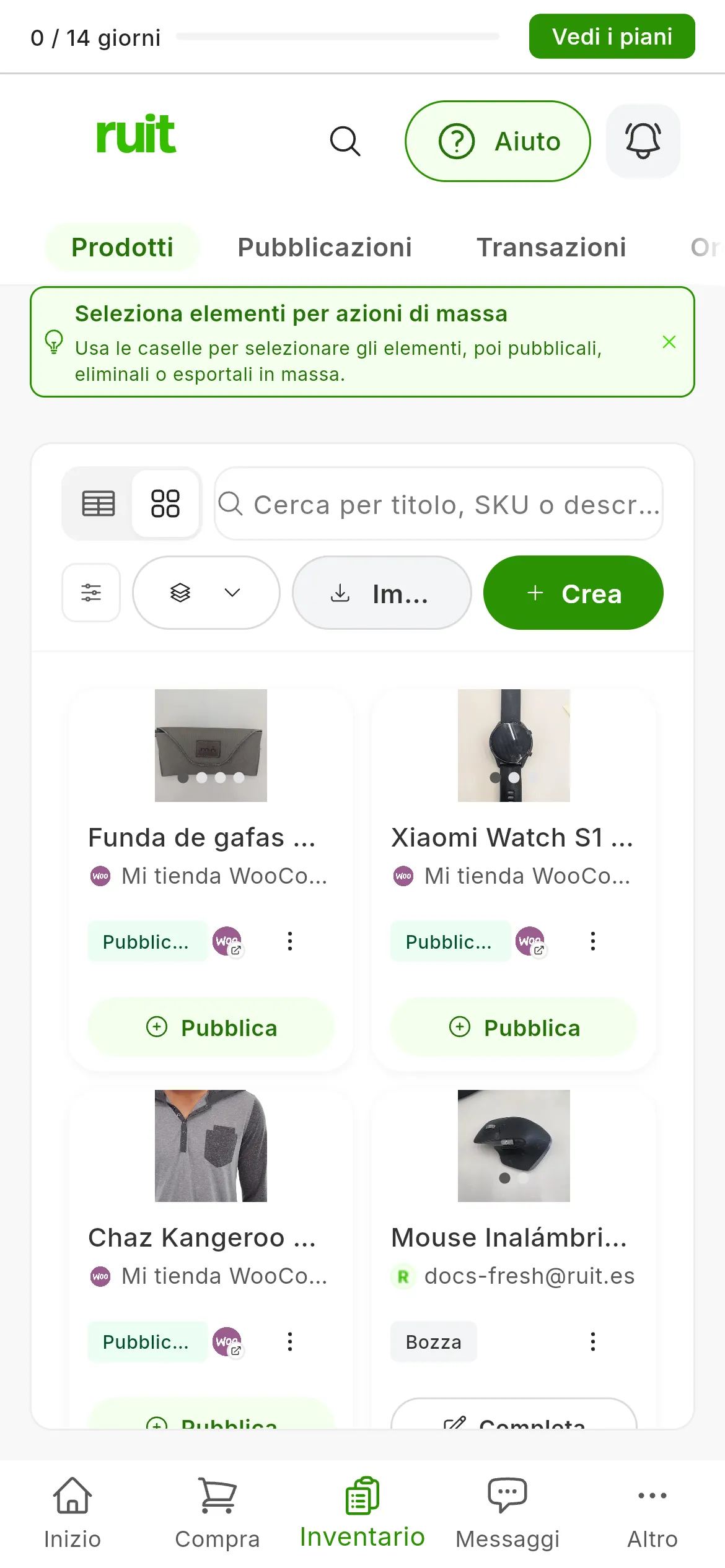 I due modi di aggiungere prodotti all'inventario, evidenziati: creare un prodotto (1) e importare gli annunci dei tuoi account connessi (2)