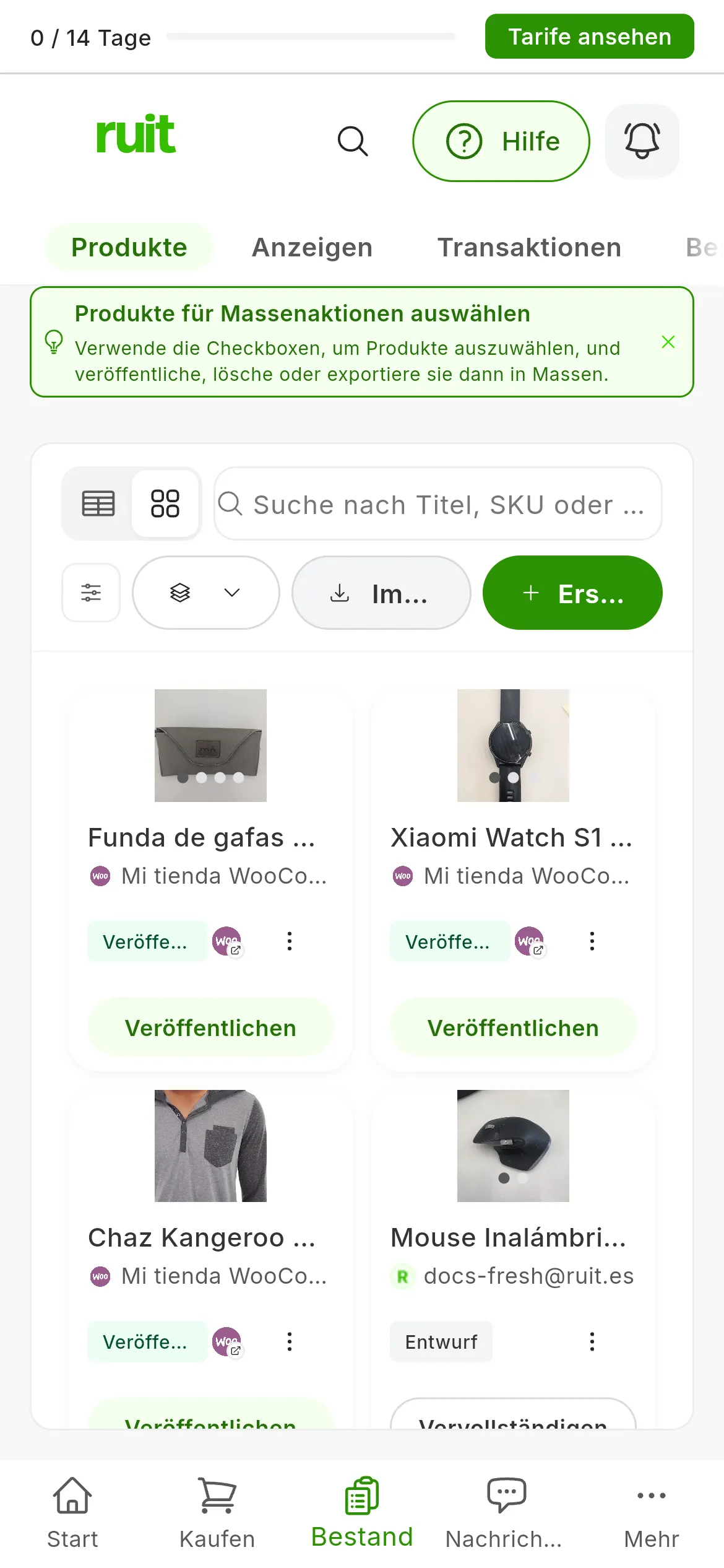 Die zwei markierten Wege, Produkte zum Bestand hinzuzufügen: ein Produkt anlegen (1) und die Anzeigen deiner verbundenen Konten importieren (2)