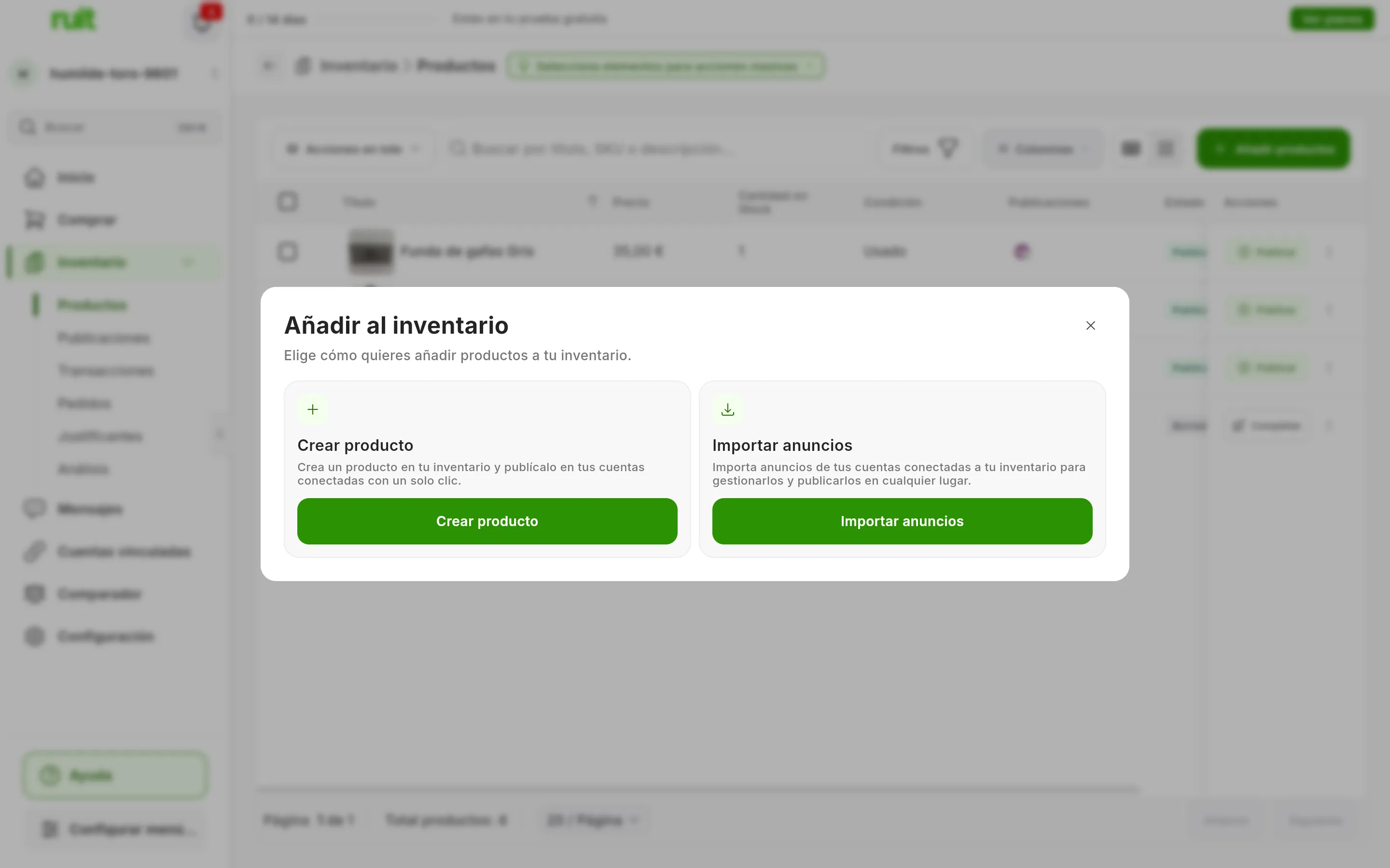 Las dos formas de añadir productos al inventario, señaladas: crear un producto (1) e importar los anuncios de tus cuentas conectadas (2)
