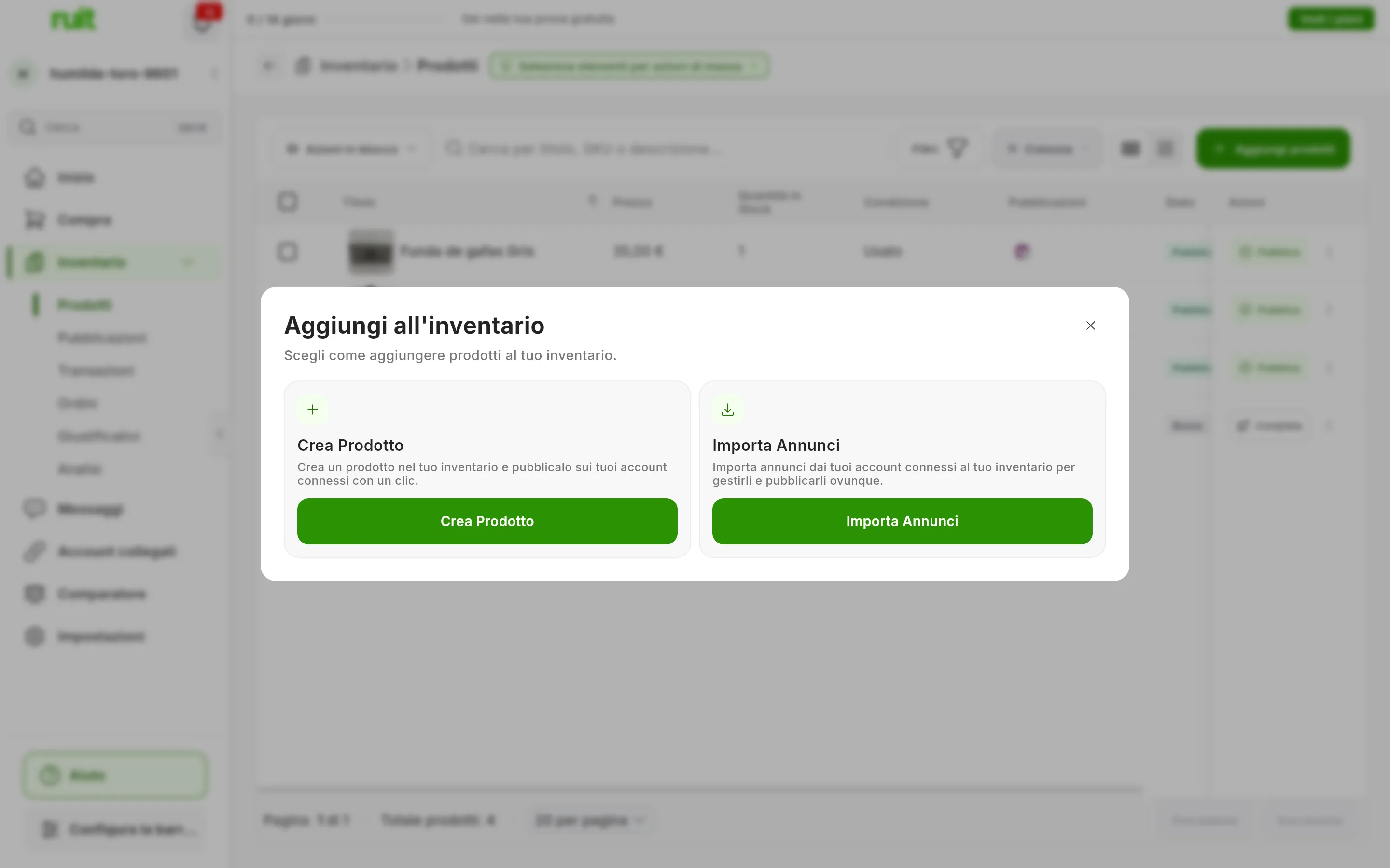 La finestra Aggiungi all'inventario sopra la tabella dei prodotti, con due schede: Crea Prodotto, per creare un prodotto e pubblicarlo sui tuoi account connessi, e Importa Annunci, per portare nel tuo inventario gli annunci dei tuoi account connessi