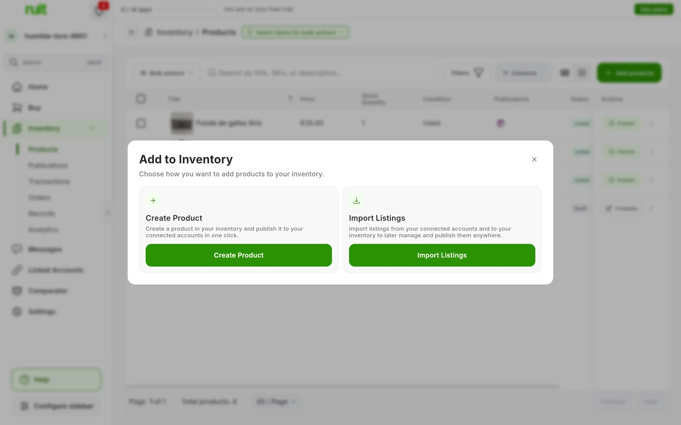 The Add to Inventory window over the products table, with two cards: Create Product, for creating a product and publishing it to your connected accounts, and Import Listings, for bringing the listings from your connected accounts into your inventory