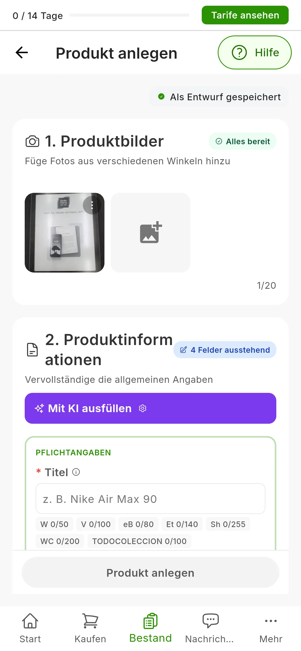 Das Formular zum Anlegen eines Produkts mit einem hochgeladenen Foto und Alles bereit in 1. Produktbilder; in 2. Produktinformationen stehen die lila Schaltfläche Mit KI ausfüllen und das Zahnrad der KI-Einstellungen, und der Titel ist noch leer