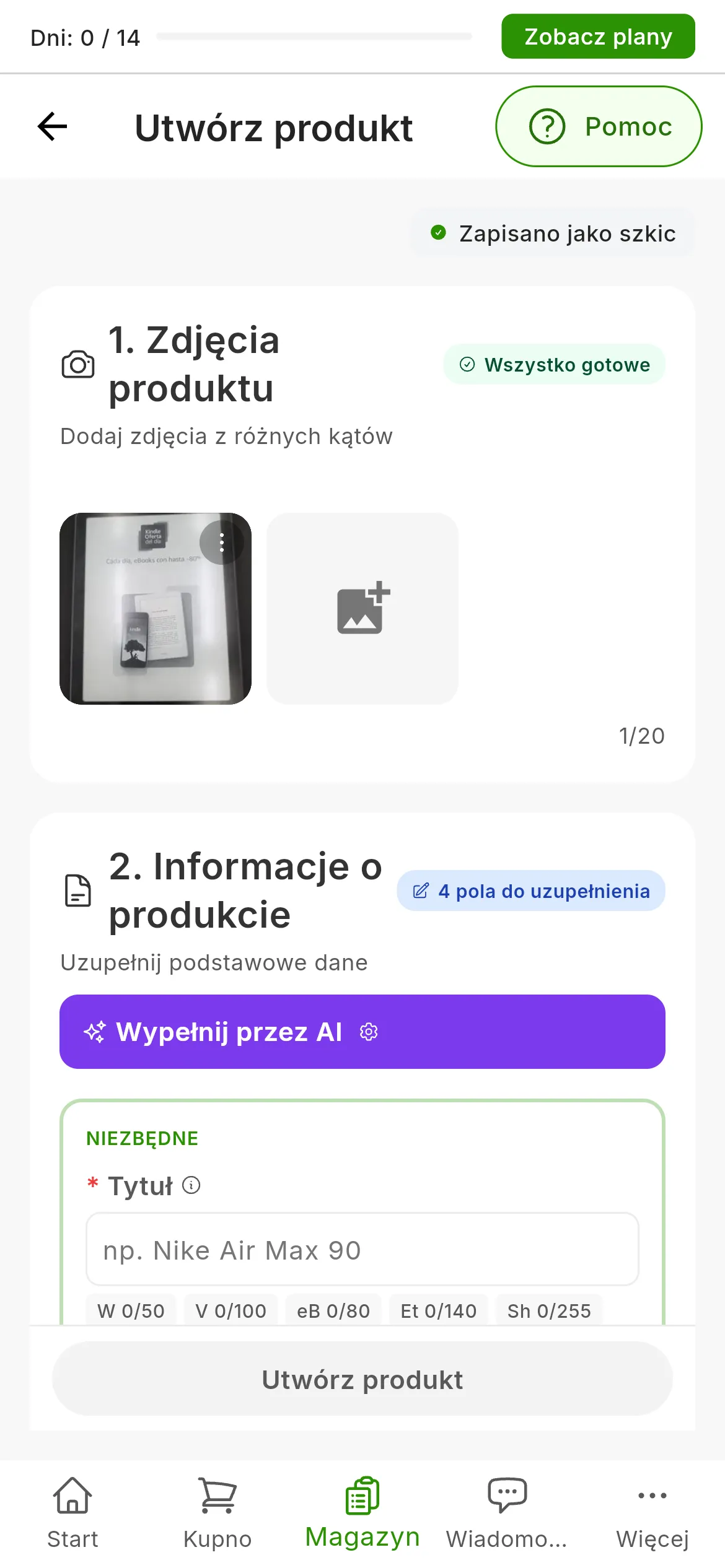 Formularz tworzenia produktu z jednym przesłanym zdjęciem i plakietką Wszystko gotowe w sekcji 1. Zdjęcia produktu; w sekcji 2. Informacje o produkcie fioletowy przycisk Wypełnij przez AI z kołem zębatym Ustawienia AI oraz wciąż puste pole Tytuł